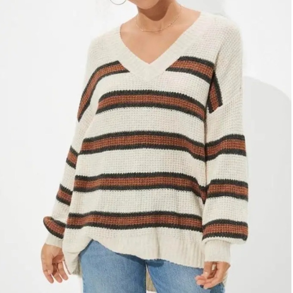 American Eagle (M/L) oversized cream brown striped knit v-neck tunic sweater
